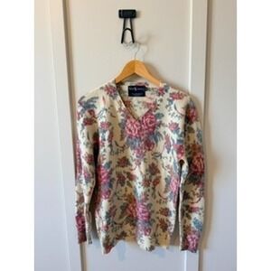 Ralph Lauren Vintage Lambswool Floral V-Neck Sweater Cream Pink Blue Womens M